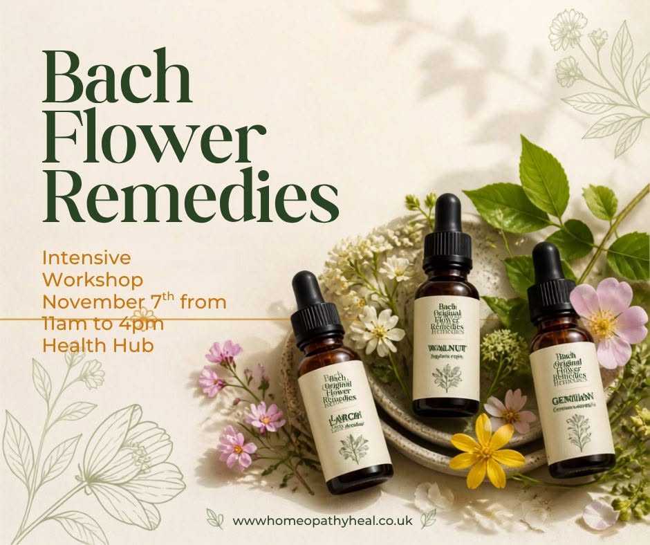 Bach Flower Remedies bottles with fresh flowers - workshop promotional image